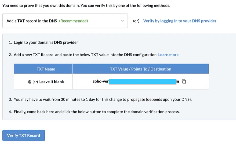 zoho domain verification